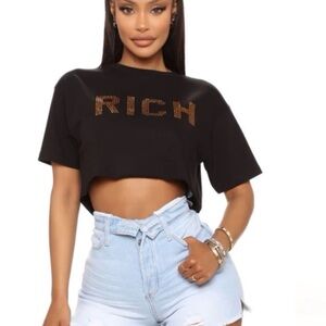 Fashion nova Black Short Sleeve Crop Top with Metallic Text